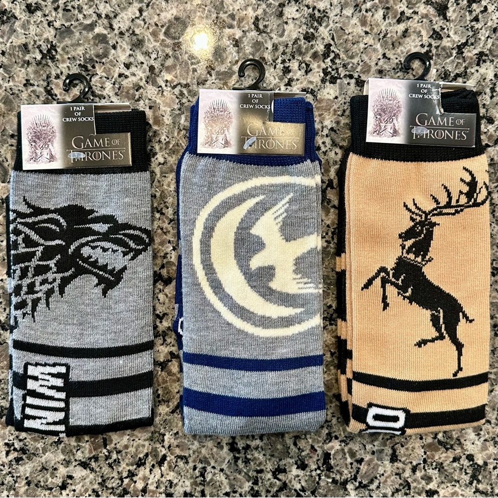 ✨NWT✨3 Pair GAME OF THRONS Crew Socks Size 6-12 Men UNISEX BLE BLACK TAN GRAY